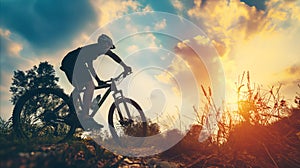 Man Riding Bicycle Up Hill at Sunset