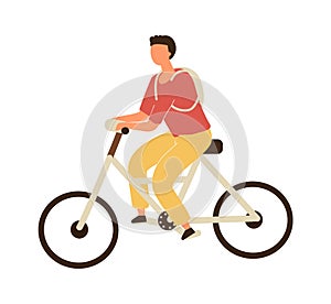 Man riding on bicycle. Vector male character in casual clothes and backpack on bike, healthy leisure lifestyle and eco