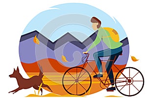 Man riding a bicycle among the woods in autumn. Illustration of the concept of outdoor activities, outdoor recreation