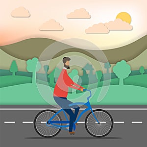 Man riding a bike isolated on white background. Vector illustration