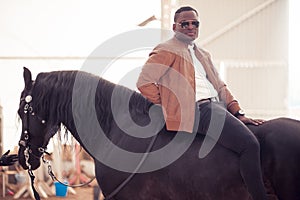 Man riding brown horse on countryside