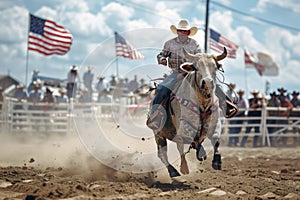 A man is riding a bull in a rodeo