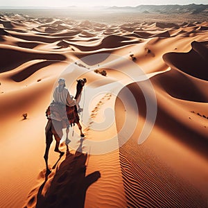 Man riding a camel in the desert with sand dunes in the background.