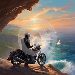 A man riding a classic motorcycle along a beach shoreline, with a scenic sunset in the background