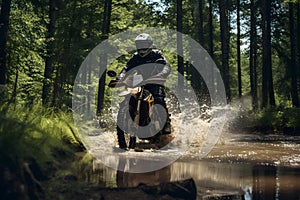 man riding a dirt bike through river. AI Generated
