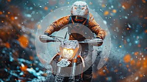 Man riding dirt bike in snow, wearing helmet for recreation