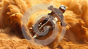 A man riding a dirt bike through some mud and dust, AI