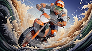 A man riding a dirt bike through a wave, AI