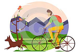 Man riding with a dog in the forest in spring. Vector illustration.