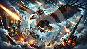 Man riding eagle amidst industrial chaos and destruction