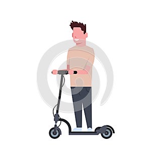 Man riding electric kick scooter over white background. cartoon full length character. flat style