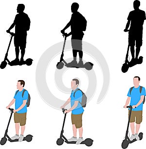 Man riding electric scooter silhouettes and color illustration