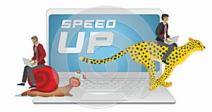 Man riding fast with laptop on running chetaah cat, man on snail also with laptop going slow. Vector illustration. photo