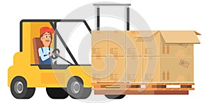 Man riding forklift with parcel boxes. Warehouse worker