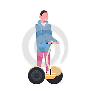 Man riding gyroscooter over white background. gyroboard concept. cartoon full length character. flat style