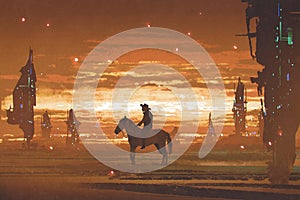 Man riding horse against futuristic city in desert