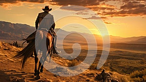 Man riding a horse in the desert during sunset, with hills in the background