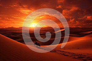A man riding a horse gallops across a breathtaking desert landscape under a vibrant sunset, Stunning sunset over the Sahara Desert