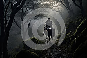 Man riding a horse in the misty forest. Fantasy landscape, AI Generated