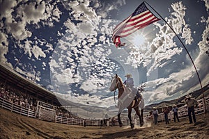 A man is riding a horse in a rodeo arena with a large American flag flying in