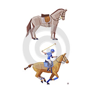 Man Riding Horse Sitting on Horseback in Saddle Playing Polo Vector Set