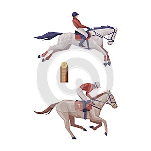 Man Riding Horse Sitting on Horseback in Saddle Vector Set