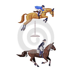 Man Riding Horse Sitting on Horseback in Saddle Vector Set