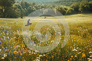 A man riding a horse through a vibrant green field in a traditional farming scene, A farmer gathering hay in a sprawling meadow