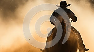 A man riding a horse wearing a cowboy hat in the dust of the prairie.