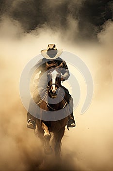 A man riding a horse wearing a cowboy hat in the dust of the prairie.