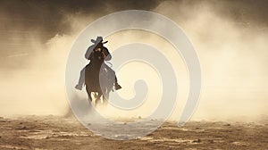 A man riding a horse wearing a cowboy hat in the dust of the prairie.