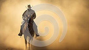 A man riding a horse wearing a cowboy hat in the dust of the prairie.