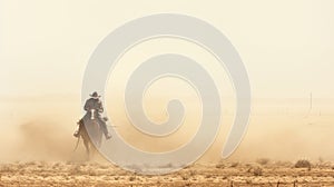 A man riding a horse wearing a cowboy hat in the dust of the prairie.