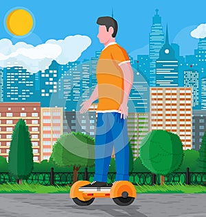 Man riding on hoverboard and cityscape