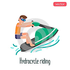 Man riding a hydrocycle flat character. Color vector illustration