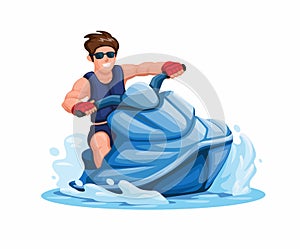 Man riding Jet Ski water sport character cartoon illustration vector