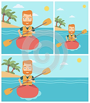 Man riding in kayak vector illustration.