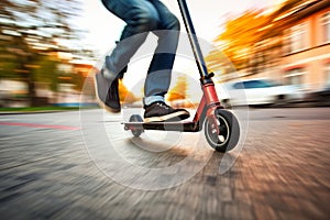 Man riding kick scooter at high speed on city street. Violating speed limits while riding a scooter. Safety in the city. Motion