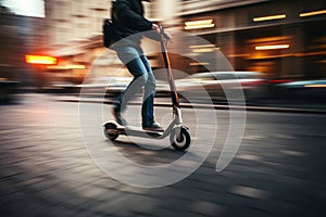 Man riding kick scooter at high speed on city street. Violating speed limits while riding a scooter. Safety in the city. Motion