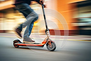 Man riding kick scooter at high speed on city street. Violating speed limits while riding a scooter. Safety in the city. Motion