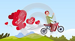 Man Riding Motor Bike With Heart Shaped Air Balloons Happy Valentines Day Concept