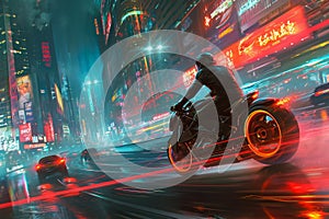 man riding a motorcycle through a city at night. The streets are lit up with neon lights, and there are other vehicles