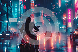 man riding a motorcycle through a city at night. The streets are lit up with neon lights, and there are other vehicles