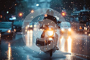 man riding a motorcycle through a city during a rainstorm. The streets are slick with rain, and there are other vehicles
