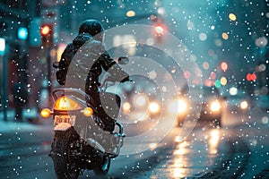 man riding a motorcycle through a city during a rainstorm. The streets are slick with rain, and there are other vehicles