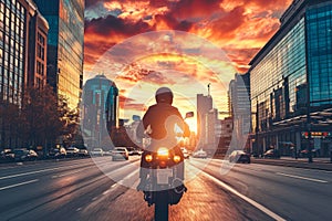 Man riding a motorcycle through a city at sunset. The sky is a beautiful shade of orange and pink, and there are other