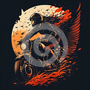 a man riding a motorcycle on a dark background with a full moon in the background and a red and orange splash of paint