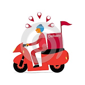 Man riding a motorcycle delivery service on white background.