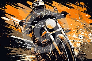 a man riding a motorcycle on a dirt track with orange and black paint splatters on the background of the image and the rider on