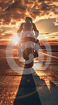 Man Riding Motorcycle Down Street at Sunset